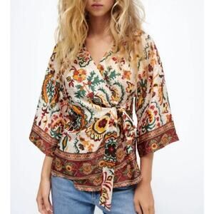 Zara White Orange Green Side Tie Blouse Flowy Bohemian Silky Women's size Medium